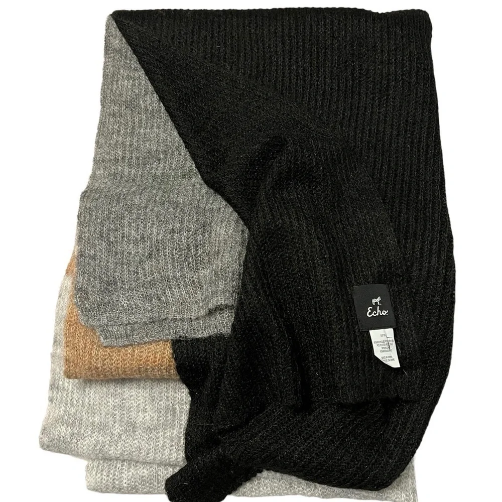 ECHO neutral black/tan/gray color block soft recycled oversized scarf / wrap